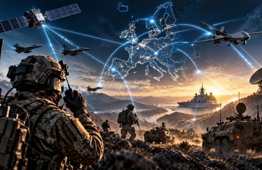 Soldiers in rugged terrain with armored vehicles, jets, and a satellite, overlaid by a glowing interconnected world map representing global military networking.