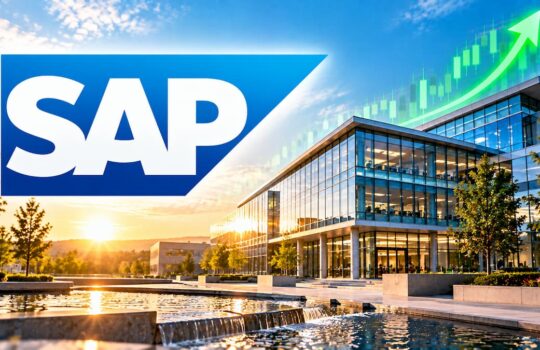 SAP logo over a modern glass office building at sunset, with a water feature and a green upward-trending arrow suggesting growth.