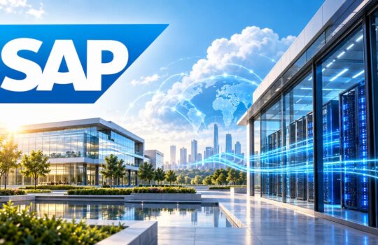 SAP logo over a modern tech campus featuring glass buildings, a data center, and glowing network lines in a blue sky.