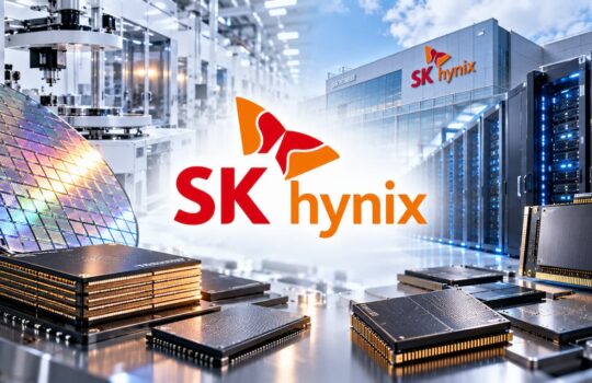SK hynix logo centered over a high-tech semiconductor fabrication floor with chips and server racks in the background