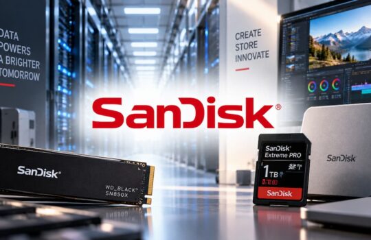 SanDisk branding with multiple storage devices (SSD, microSD) displayed in a data center setting; conveys storage hardware.