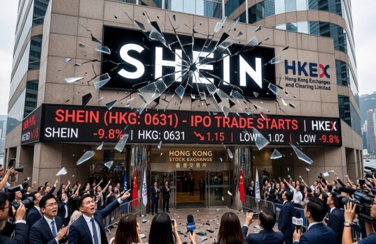 Crowd of suited professionals and journalists cheer outside HKEX as a large SHIN sign appears shattered, with glass fragments flying in the air announcing an IPO start at the Hong Kong Stock Exchange.