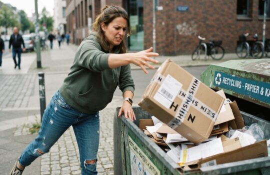 Woman pushing a cardboard box into a city recycling dumpster on a street with pedestrians in the background.