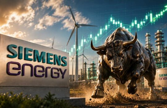 Charging bull beside a Siemens Energy sign at an industrial site, with wind turbines and a rising stock chart.