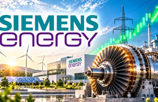 Siemens Energy branding with a large turbine in the foreground, wind turbines, solar panels, and a green upward-trending chart.