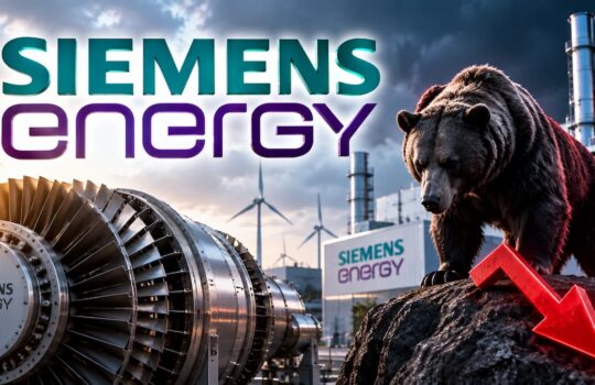 Bear on a rock beside a Siemens Energy turbine, with wind turbines and an industrial facility in the background; a red downward arrow is visible.