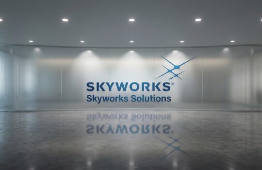 Skyworks Solutions logo on a curved frosted glass wall in a bright, modern lobby with a reflective polished floor.