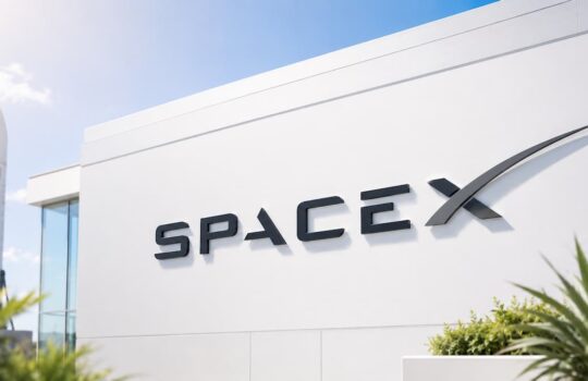 SpaceX logo on a white building with a rocket model in the background on a sunny day