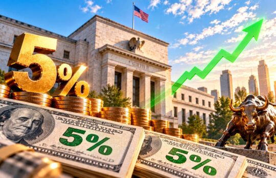 Stacks of coins and 5% notes in front of a government building, with a green upward arrow and a charging bull symbolizing financial growth.