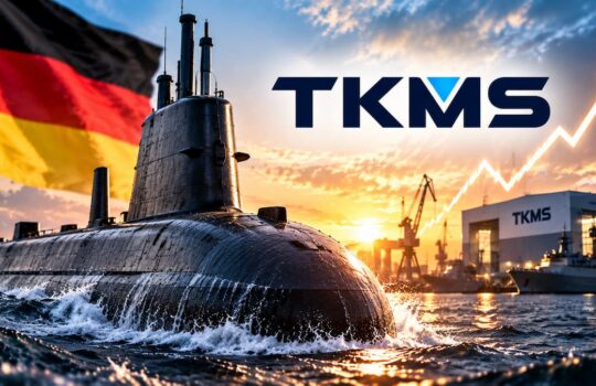 Submarine in choppy water at sunset with a German flag and the TKMS logo, suggesting defense industry growth and progress.
