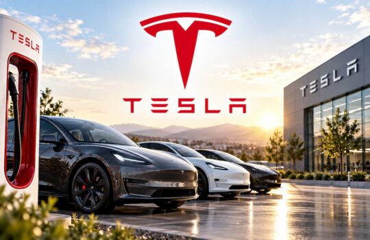 Tesla charging station with a row of Model S cars parked in front of a modern Tesla building at sunset; logo overhead.