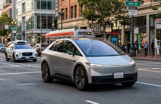 Silver Tesla taxi driving in a downtown street with pedestrians and storefronts in the background, license plate reads TSLA TAXI