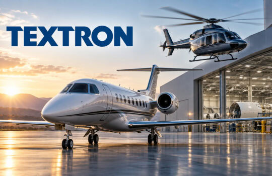 Textron logo with a helicopter and a private jet on a sunlit tarmac near a large hangar, sunrise glow in the background