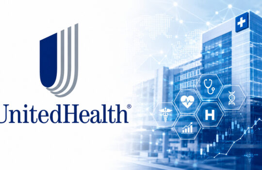 UnitedHealth logo on the left with a blue arch symbol, beside a blue-tinted hospital and floating medical icons in hexagons on the right.