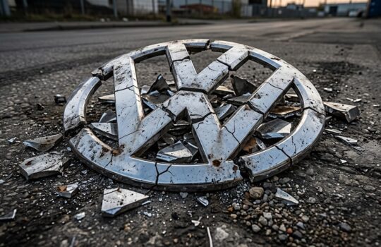Damaged silver Volkswagen emblem lying on a cracked asphalt surface with debris nearby.