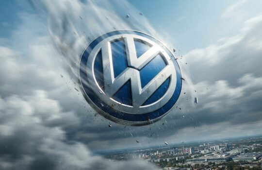 Volkswagen logo floating in a cloudy sky above a cityscape.