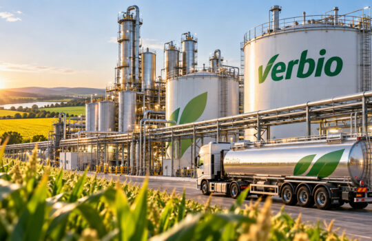 Large biofuel plant with tall stainless tanks labeled Verbio, pipelines, and a tanker truck in the foreground at sunset.