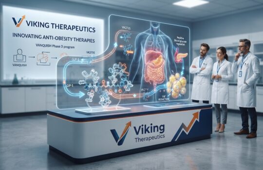 Researchers in white coats observe a holographic diagram of the human torso illustrating metabolic therapies at a Viking Therapeutics exhibit.