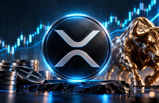 Large illuminated XRP coin with stacked coins and a golden bull, against an upward stock chart on display in the background.