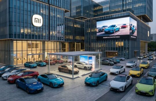 Modern car dealership with a glass façade, an illuminated Mi logo, and a glass display pavilion showcasing several colorful cars outside.