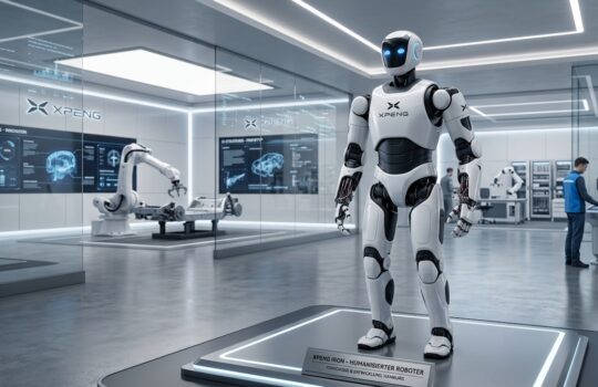 Humanoid robot on a pedestal in a high-tech showroom, XR Peng logo on its chest, with glass-walled labs and other robots in the background.