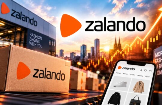 Zalando-branded boxes in a city backdrop with a phone showing the Zalando app storefront and a rising trend line in the sky.
