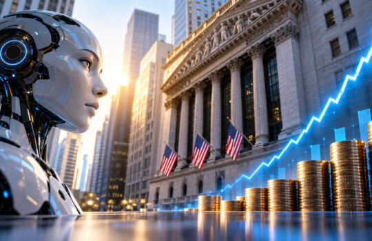 Robot in a city street gazes toward a rising financial chart with stacked coins and American flags nearby.