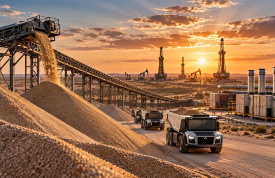 Open-pit mining site at sunset with a conveyor system dumping gravel into heaps, and heavy dump trucks on a dirt road nearby.