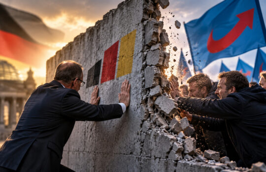 Group of people in suits push a cracked concrete barrier painted with the German flag colors, blue protest flags in the background at sunset.