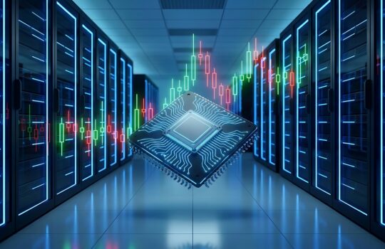 Floating microchip hovering between illuminated server racks in a high-tech data center with neon blue lighting and colorful stock charts behind it.