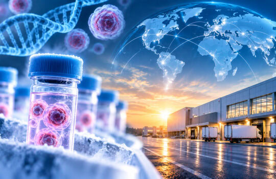Vaccine vials, DNA strands, and a glowing globe with network lines above a loading dock at sunset, illustrating global distribution of biologics.