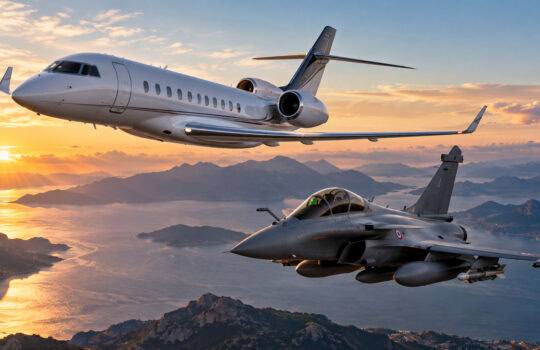 Two jets—one white business aircraft and one gray military fighter—fly in formation over a coastal landscape at sunset.