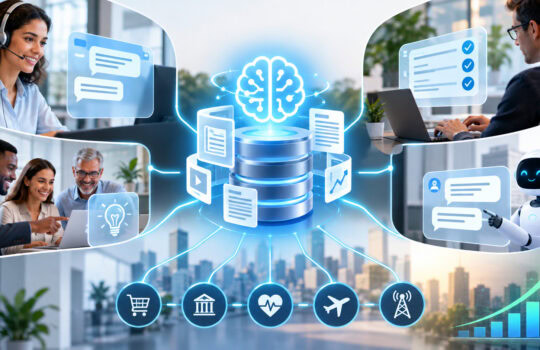 Central AI brain and data hub connected to teams collaborating across screens and charts, symbolizing AI-powered data networks.