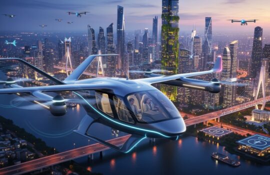 Futuristic flying car over a neon-lit city skyline at dusk, gliding above a suspended highway.
