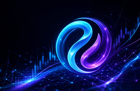 Abstract neon blue and purple swirl with a digital finance chart and network lines, representing cryptocurrency data and analytics.