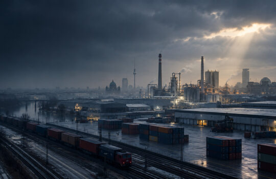 Industrial port scene at dusk with rail yards, stacked shipping containers, and a distant city skyline as sunbeams pierce dark clouds from above.