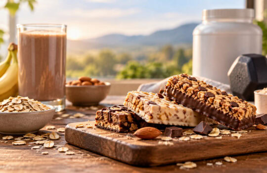 Assorted snack bars with nuts and chocolate on a wooden board, beside a banana and a protein shaker in a gymy outdoor setting.