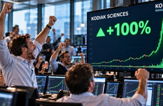 A group of traders cheer in a trading floor as a large screen shows +100% stock gains and a rising chart.