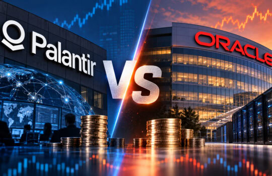 Split image showing Palantir on the left and Oracle on the right, with a bold VS in the center, plus coins and a global data network backdrop.