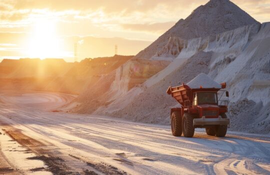 Red dump truck travels through a sandy quarry at sunset, with large gravel piles in the background.