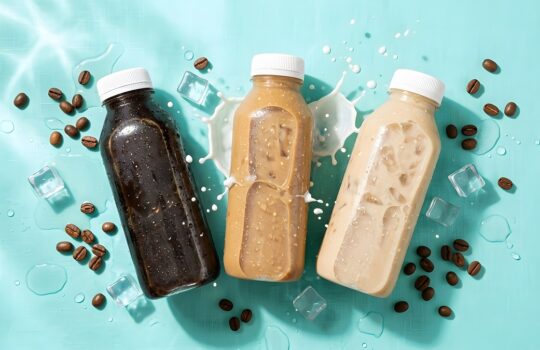 Three bottled iced coffee drinks (dark, caramel, and latte) on a teal surface with ice cubes and scattered coffee beans, mid-splash.