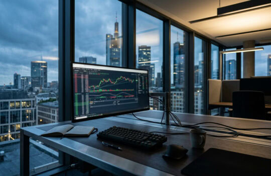Desk setup by large windows with a cityscape; monitor shows stock charts and market data.
