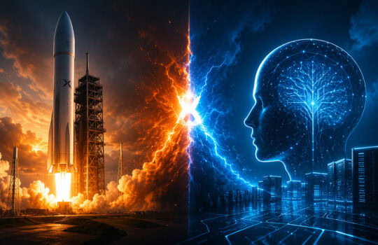 Split view: left shows a rocket lifting off at sunrise; right shows a neon blue neural-brain over a city skyline with circuitry, joined by a bright energy line.
