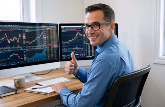 Smiling man in a blue shirt sits at a desk with multiple monitors showing stock charts and gives a thumbs-up.