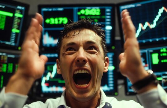 Man exuberantly celebrating in front of multiple monitor screens showing stock charts, graphs and numbers nearby.