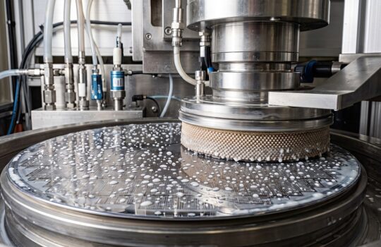 Close-up of a stainless steel rotary filling/sealing machine with a circular, textured platform and small white droplets on its surface.