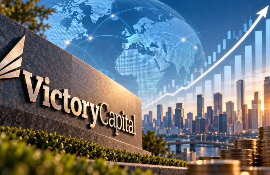 VictoriaCapital sign on a stone wall with a digital globe and upward-trending chart over a city skyline at sunset.
