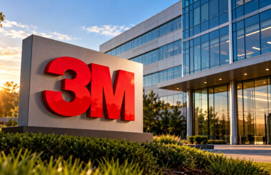 3M sign in front of a modern glass office building at sunset, with warm light and greenery in foreground