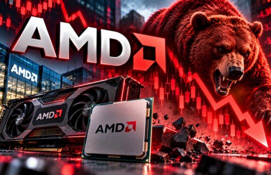 Roaring bear beside an AMD GPU and processor, set against a red stock-chart backdrop.