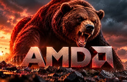 Roaring brown bear behind a bold AMD logo on rocky ground with a fiery sunset.